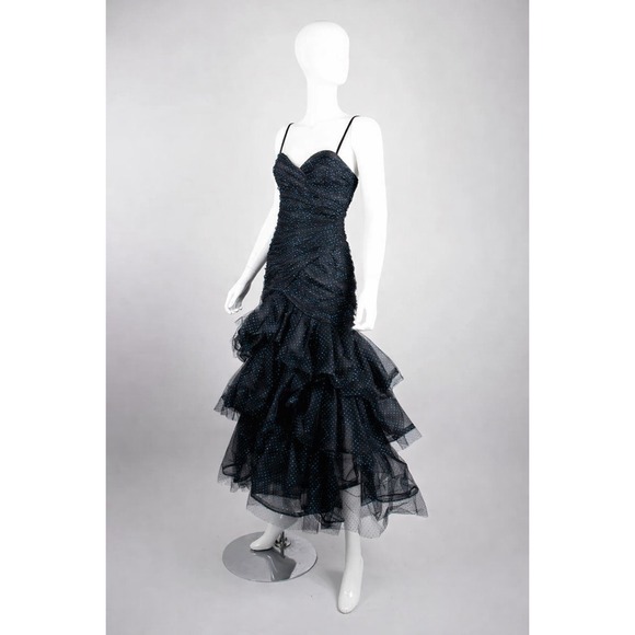 Victor Costa Dresses & Skirts - Victor Costa Black Glitter Polka Dot Ruched Tulle Ruffle Mermaid Gown Dress SZ 4